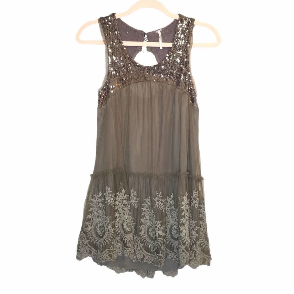 Free People Olive Sequined Lace Boho Tunic Top
